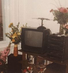 an old tv sitting on top of a wooden stand next to flowers and a vase