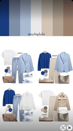 What Colors Go With Light Blue Clothes, Light Blue And Tan Outfit, Light Blue Combination Outfit, Light Blue Dress Pants Outfit, Cream And Blue Outfits, Outfits Color Azul, Summer Color Palette Clothes, Blue And Khaki Outfit, Beige And Blue Outfit