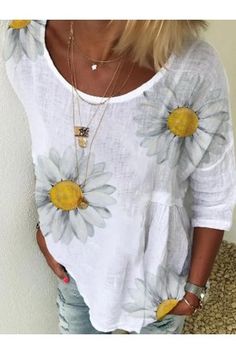 Casual Tops 3/4 Sleeve Stripe Printed Collared Shirts - Azzlee Summer Outfits Over 50 Casual, Casual Shirt Women, Plus Size Summer Outfits Over 50, Painted Clothes, Summer Outfits For Women, Sunflower Print, Plus Size Summer Outfits, Plus Size Summer, Plus Size Kleidung