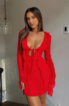 Falling To Pieces Long Sleeve Mini Dress Red | White Fox Boutique US Falling To Pieces, Pop The Champagne, Perspex Heels, Mini Dress Red, White Fox Boutique, Ruffle Long Sleeve, Ruffle Mini Dress, Plunge Neckline, Gold Accessories