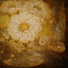 a painting of flowers and sea turtles on a brown background with gold foiling around the edges