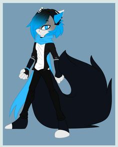 an image of a cartoon character with blue hair and black pants, standing in front of a