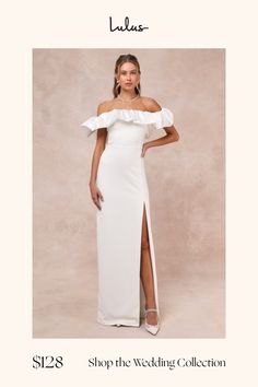 If you prefer to leave everyone in awe when you enter the room, then you'll want to strut down the aisle in the Lulus Sincerely Passionate White Ruffled Off-the-Shoulder Maxi Dress! Achieve maximum elegance on your big day with this stunning crepe knit dress that starts with a luxe satin ruffled overlay that creates an elasticized, off-the-shoulder neckline that flows into flouncy short sleeves. The high, fitted waist tops a figure-flattering column skirt that falls to a sophisticated maxi hem a White Dresses Graduation, Column Skirt, Rehearsal Dinner, Rehearsal Dinners, Graduation Dress, Big Day, Knit Dress, Floor Length, Off The Shoulder