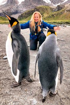 a woman kneeling down next to two penguins