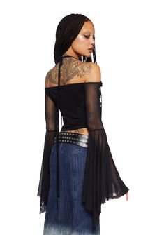 cuz let's live a little. This top has a stretchy mesh construction, flower appliques, a halter neck and tie closure, off shoulder wide flare sleeves, and a cropped fit. Mesh Flare Sleeve Top, Black Edgy Halter Top For Festivals, Goth Bell Sleeve Top, Black Bell Sleeve Top, Dolls Kill Outfits Black, The Night Is Young, Current Mood Clothing, Flared Sleeves Top, Flare Sleeves