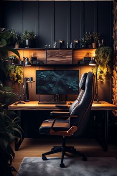 an office chair in front of a desk with a computer monitor and keyboard on it