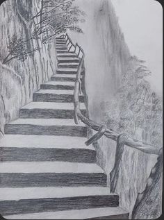 a pencil drawing of stairs leading to the top of a cliff