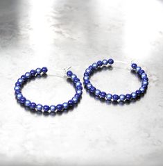 Blue Pearl Hoop Earrings, Lapis Lazuli Blue Swarovski Crystal Pearl Round Hoops, Iridescent Blue Small or Large Circle Hoop Earrings Lapis Lazuli Blue, Iridescent Blue, Pearl Hoop Earrings, Swarovski Crystal Earrings, Beaded Hoop Earrings, Beaded Hoops, Blue Pearl, Everyday Earrings, Crystal Pearls