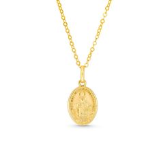 Pray for blessings and mercies with this delicate and elegant Virgin Mary pendant. Hollow 14K gold This oval-shaped medallion features a detailed Virgin Mary design 18.0-inch cable chain; lobster claw clasp Yellow Gold Oval Pendant Necklace With Miraculous Medal, Yellow Gold Miraculous Medal Oval Pendant Necklace, Elegant Oval Miraculous Medal Jewelry, Elegant Oval Necklace With Miraculous Medal, Virgin Mary Pendant, The Virgin Mary, Hollow Design, Oval Pendant, Religious Jewelry