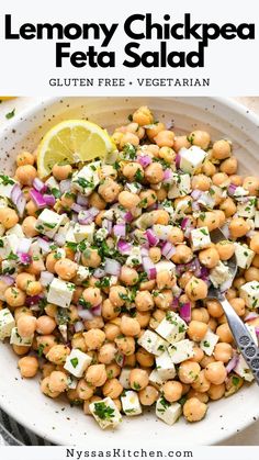 lemony chickpea feta salad in a white bowl