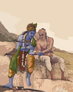 two men sitting on top of a rock next to each other