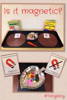 a display with magnets and food on it for kids to learn how to make magnets