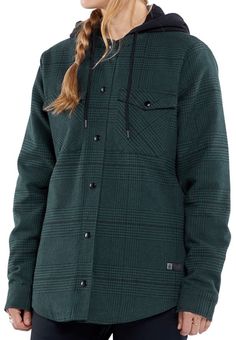 Conquer the cold in style with Volcom's Women's Insulated Flannel Jacket. This cozy layering piece combines the rugged charm of flannel with hidden warmth thanks to 40g of insulation and a quilted taffeta lining. The Volcom boyfriend fit drapes effortlessly over your layers, while the fleece hood and zippered hand pockets add an extra dose of chill-fighting comfort. From hitting the slopes to exploring the town, this jacket is your new go-to for laid-back style with hidden warmth. Cozy Flannel Winter Outerwear, Cozy Flannel Outerwear For Winter, Flannel Outerwear For Fall Outdoor Activities, Flannel Jacket, Women's Jackets, Laid Back Style, Boyfriend Fit, Layering Pieces, Insulation