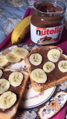 peanut butter and banana slices on toast with nutella spread