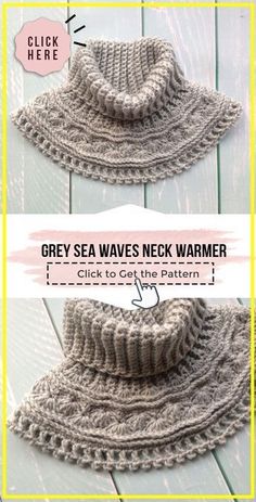 two pictures showing how to crochet the grey sea waves neck warmer with instructions