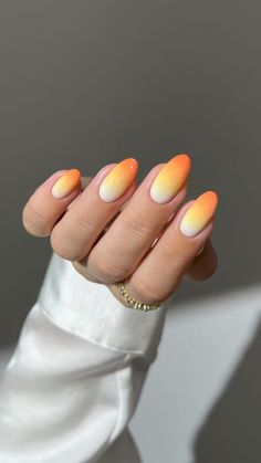 Aistė Haas on Instagram: "🌽🎃✨ candy corn ombre nails for the touch of halloween sweetness 🧡🍂  *all the products used are linked on my amzn in the bio  _____ *affiliate #fallnails #sparklynails #ombrenails  #orangenails #nails #nailinspo #nailtutorials #diynails yellow white orange gradient nails, almond nails, simple classy autumn Halloween  candy nails" Gradient Nails Yellow, Gradient Nails Almond, Yellow And Orange Nails, Orange And White Nails, Almond Nails Simple, Classy Autumn, Candy Nails, Orange Gradient