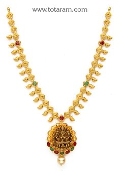 22 Karat Gold 'Lakshmi' Necklace with Ruby, Emerald & South Sea Pearls (Temple Jewellery)    - 235-GN4163 - in 18.300 Grams for USD $1576.41. 
Made in India by Totaram Jewelers Online this product is in Gold - 22 Karat BIS Hallmark 916 KDM Gold  & is an excellent gift for Adult - Women. Ships fully insured with secured guaranteed delivery for free with your order over $250 from New Jersey USA & comes with 30 days exchange policy. Luxury Red Temple Necklace For Diwali, Luxury Fusion Style Temple Necklace In 22k Gold, Luxury Temple Jewelry Beaded Pendant Necklaces, Festive 22k Gold Luxury Temple Necklace, Luxury Gift Temple Necklace With Zari Work, Luxury Traditional Gemstone Temple Necklace, Luxury Temple Necklace For Diwali, Luxury 22k Gold Emerald Temple Necklace, Luxury Hallmarked Temple Necklace For Diwali