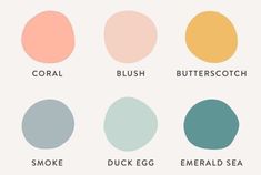 the different shades of paint that are used to create this color scheme, including coral, blush, butterscotch, duck egg, emerald sea and coral