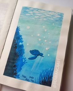 Monochromatic painting Turtle Watercolour Painting, Whale Painting Watercolor, Under Sea Watercolor, Under The Sea Watercolor Painting, Sea Painting Watercolor, Under Water Drawing, Turtle Watercolor Painting, Beach Drawings