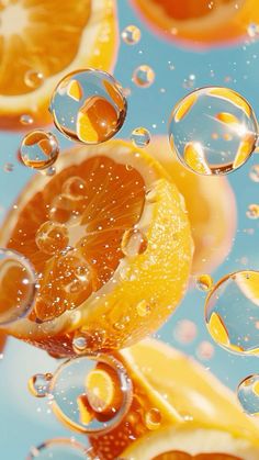 orange slices and bubbles floating in the air on a blue background with water droplets around them