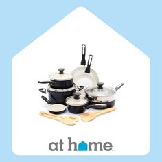 a group of pots and pans sitting next to each other on top of a blue background