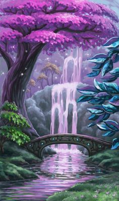 a painting of a waterfall and bridge in the middle of a forest with purple flowers