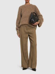 Crewneck Taupe Sweater, Versace Brand, Boxy Sweater, Camel Sweaters, Knit Alpaca, Ski Accessories, Brown Sweater, Flat Espadrilles, Shearling Jacket