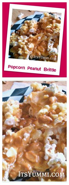 some food is sitting on top of a black and white checkered table cloth with the words popcorn peanut brittles