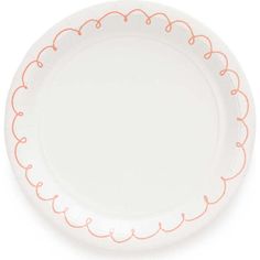 a white plate with an orange border on the rim and pink trim around the edge