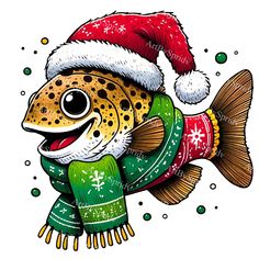 a fish wearing a santa hat and scarf