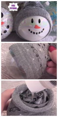 two pictures showing how to make a snowman ornament out of sweaters