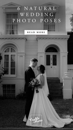 a bride and groom standing in front of a white house with the words, gnatal wedding photos read more