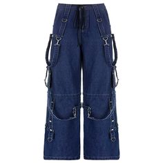 These Grunge Goth Strap Baggy Cargo Jeans are a stylish and edgy option for those embracing a grunge and goth aesthetic. Crafted from high-quality denim, they offer durability, comfort, and a relaxed fit. Adorned with decorative straps, they add a touch of punk and gothic flair. Versatile for any occasion, pair them with a variety of tops and complete the look with boots and chains. Perfect for expressing your grunge goth personality authentically. High-quality denim fabric that is durable and c Punk Style Denim Pants For Concert, Punk Denim Pants For Concerts, Edgy Baggy Jeans For Concert, Edgy Dark Wash Wide Leg Cargo Jeans, Alternative Style Baggy Denim Bottoms, Straight Leg Jeans With Pockets For Concert, Edgy Denim Cargo Jeans With Belt Loops, Edgy Denim Blue Cargo Jeans With Pockets, Wide Leg Denim Jeans For Alternative Fashion