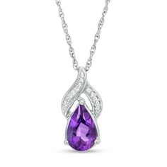 Appeal to her sophisticated taste with this exciting gemstone pendant. Created in sterling silver, this graceful look showcases a 9.0 x 6.0mm pear-shaped bright purple amethyst beneath a flame-inspired design of overlapping ribbons adorned with sparkling diamond accents and beaded detailing. Buffed to a brilliant luster, this pendant suspends along an 18.0-inch rope chain that secures with a spring-ring clasp. Purple Teardrop Fine Jewelry Necklace, Elegant Purple Pear-shaped Necklace, Fine Jewelry Amethyst Teardrop Pendant Necklace, Fine Jewelry Purple Teardrop Pendant Necklace, Pear-shaped Amethyst Jewelry As Gift, Purple Teardrop Pendant Fine Necklace, Teardrop Amethyst Necklace For Formal Occasions, Purple Pear-shaped Gemstone Jewelry, Formal Teardrop Amethyst Necklace