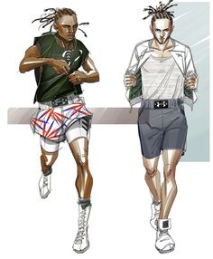 two men running in shorts and t - shirts, one with dreadlocks on his head