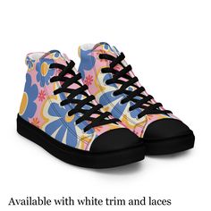 Elevate your style with our women's high top sneakers featuring a hippy flower print, perfect for casual wear and athleisure. These women's canvas sneakers make a unique gift idea, combining comfort and vibrant design for an eye-catching look. ⛅️ 100% polyester canvas upper side ⛅️  Ethylene-vinyl acetate (EVA) rubber outsole ⛅️ Breathable lining, soft insole ⛅️  Faux leather toe cap ⛅️  Padded collar, lace-up front YOU MIGHT ALSO LIKE ⛅️ YOGA CAPRI SEAWEED PRINT  https://throughthecloud.etsy.co Summer Casual Lace-up High-top Sneakers, Casual Mid-top Canvas Shoes For Spring, Spring Casual Mid-top Canvas Shoes, Spring High-top Sneakers For Streetwear With Speckled Midsole, High-top Sneakers With Speckled Midsole For Spring Streetwear, Trendy Summer High-top Sneakers With Round Toe, Spring Streetwear High-top Sneakers With Speckled Midsole, Trendy High-top Sneakers With Round Toe For Summer, Trendy Summer High-top Canvas Shoes