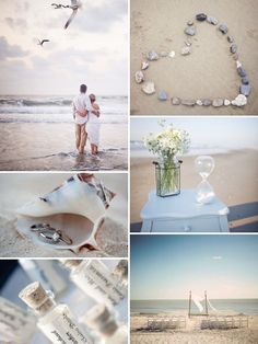 a couple standing on the beach next to each other with shells arranged in the shape of a heart