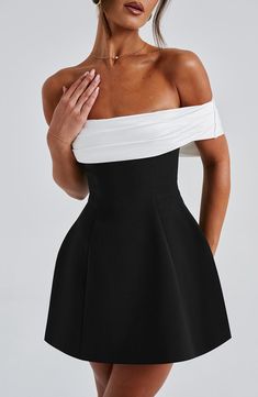 This oh-so-romantic. yet modern style is top of our wishlists. Make a statement in Delta. designed with a contrast bardot neckline that shows off your shoulders. and adorned with a dreamy bow detail to the back. In a playful mini length. the look is complete with a rounded. bubble shape skirt. Colour: Black/White. Premium non-stretch crepe. Fully lined. Contrast bardot neckline. Bow detail to back. Rounded. bubble shape skirt. Invisible zipper fastening. Mini length. Black And White Mini Dress, Split Long Dress, Cap Decoration, Bardot Neckline, Maxi Dress Sale, Bubble Skirt, Black And White Dress, Backless Mini Dress, Mini Dress Black