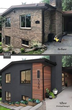 before and after photos of a house with wood siding