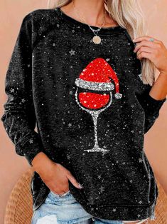 Christmas Cotton Blends Long Sleeve Sweatshirt Long Dresses Plus Size, Boho Style Outfits, Dresses Boho, Retro Graphic Tees, Casual Hat, Retro Women, Long Sleeve Sweatshirt, Casual Sweaters, Printed Tank Tops