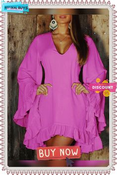 Summer Elegant Chic Women's Pullover V-neck Irregular Dress Trendy V-neck Mini Dress, Trendy V-neck Mini Dress With Ruffles, Pink V-neck Solid Color Dress, Flowy V-neck Mini Dress For Fall, Flowy V-neck Dress For Fall, Solid Color V-neck Mini Dress For Brunch, V-neck Solid Color Mini Dress For Brunch, Solid V-neck Mini Dress For Fall, Trendy Solid Color V-neck Mini Dress