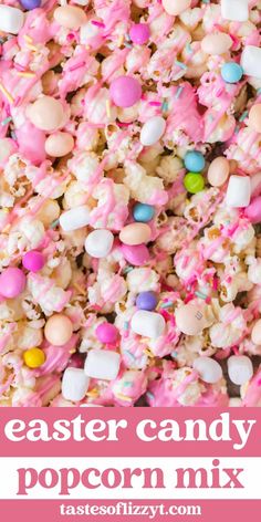 pink and white candy popcorn mix with the words, easter candy popcorn mix