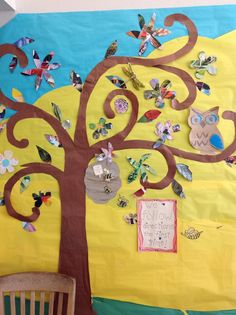 a bulletin board with an owl and tree on it