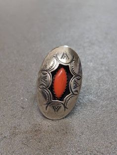 Native American Handmade Sterling Silver Mediterranean Coral Ring Navajo Nation Sterling Silver Mediterranean Coral Ring size is ~6 Southwestern Engraved Round Rings, Southwestern Style Engraved Round Rings, Southwestern Concho Ring Jewelry, Nickel-free Southwestern Style Rings, Handmade Southwestern Style Open Ring, Southwestern Handmade Open Ring, Handmade Southwestern Open Ring, Bohemian Handmade Collectible Rings, Handmade Silver Western Style Rings