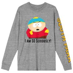 Take comfort seriously with this South Park tee. The shirt features an image of Eric Cartman standing above black letters that read, "I Am SO Seriously," while yellow letters on the left sleeve spell out the series logo. The tee comes in a gray heather long sleeve crew neck. Fans of the South Park animated sitcom will love this comfy and cozy shirt. South Park Svg, South Park Pajamas, South Park Mexican Shirt, South Park T Shirts, South Park Tegridy Farms, Eric Cartman, Black Letter, South Park, Heathers