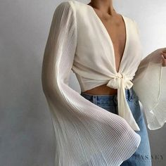 Lasaky - Elegant Solid Color Pleated Cardigan with Extra Long Bell Sleeves, Slim Fit and Belt Tie Short Chiffon Blouse Blouse Dress Pattern, Pattern Dress Women, Flare Long Sleeve, Tie Shorts, Extra Long Sleeves, Blouse Material, Summer Blouses, Chiffon Shirt, Chiffon Blouse