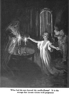 an old black and white drawing of a woman holding a candle in front of a mirror