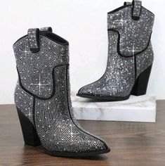 Silver With Diamond Rhinestone Decor Studded High Heel Boots Slip On High Heel 3.5-3.9 Inch Point Toe Ankle Boots Upper Material: Pu Leather Lining Material: Fabric Insole Material: Fabric Outsole Material: Tpr Silver Round Toe Boots With Rhinestone Rivets, Silver Pointed Toe Boots With Rhinestones, Silver Boots With Rhinestone Rivets And Round Toe, Silver Pointed Toe Boots With Rhinestone Rivets, Silver Sparkling Boots For Formal Occasions, Silver Embellished Boots For Night Out, Formal Silver Sparkling Boots, Elegant Silver Sparkling Boots, High Heel Silver Boots With Silver Studs