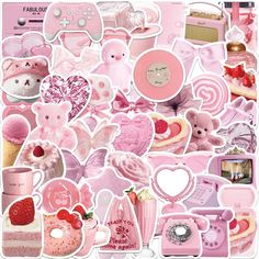 a pink sticker sheet with lots of different things in the shape of heart shapes