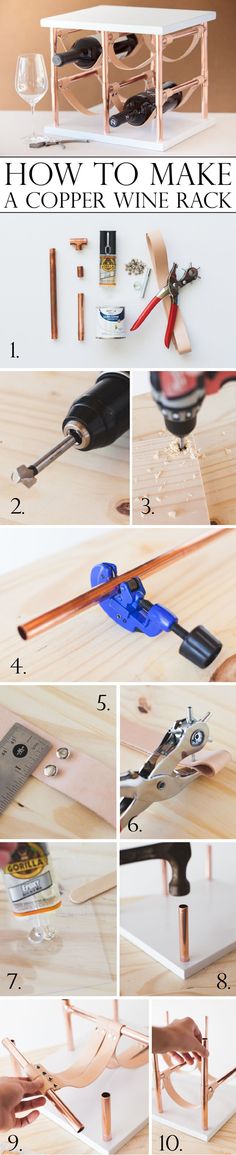 how to make a modern wine rack from plywood and copper pipe, with instructions